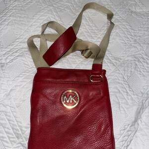 Michael Kors Fulton Red Leather Crossbody Bag with Canvas Strap